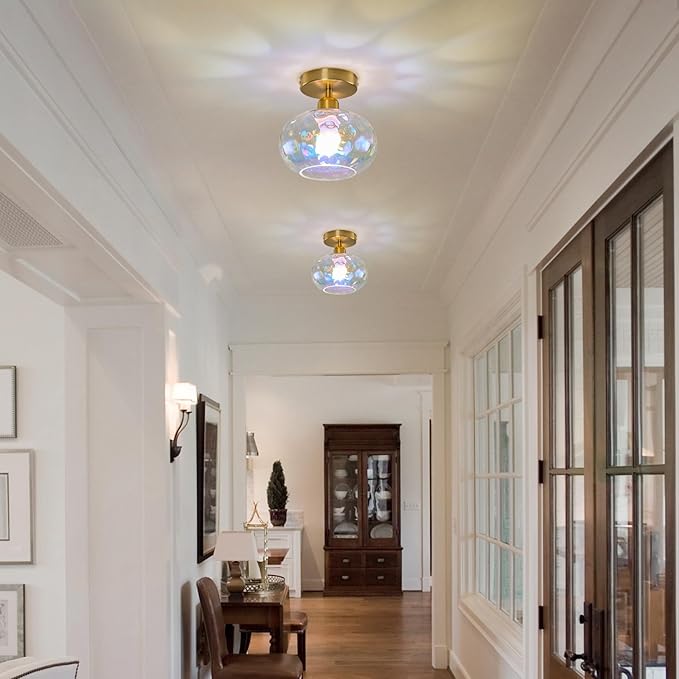 Luafac Vintage Glass Flush Mount Ceiling Light - 2 Pack，7.9 Inch Rainbow Hammered Glass Hallway Light fixtures Ceiling, Gold Semi Flush Mount Ceiling Light for entryway Foyer Laundry Room Kitchen