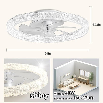 Ceiling Fans with Lights and Remote Fandelier - 20'' Flush Mount Low Profile Modern Ceiling Fans for Bedroom - Stepless Color Temperature and 6 Speeds, White Regular Crystal