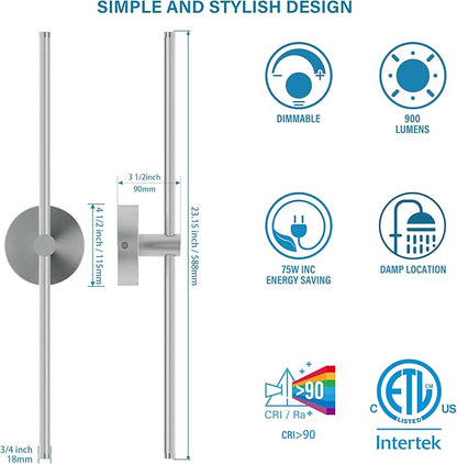 ZAGO 24 Inch LED Indoor Linear Wall Sconces Set of Two, 3CCT Switchable, Brushed Nickel, Hardwired and Wall Mounted, Dimmable for Living Room, Hallway, Bedroom, 120-277V, 14W, 900LM, ETL Certified