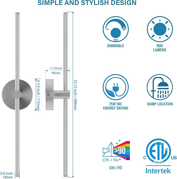 ZAGO 24 Inch Plug in or Hardwired Linear Wall Sconce Set of 2, Modern LED Wall Lights with On/Off Switch, Renter Friendly Plug and Play Option, 5CCT Switchable, Dimmable, Brushed Nickel