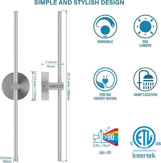 ZAGO 24 Inch Plug in or Hardwired Linear Wall Sconce Set of 2, Modern LED Wall Lights with On/Off Switch, Renter Friendly Plug and Play Option, 5CCT Switchable, Dimmable, Brushed Nickel