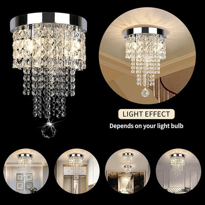 Modern 3 Light Crystal Chandelier,Silver Raindrop Crystal Ceiling Light,Small Flush Mount Ceiling Light Fixture for Hallway, Bedroom, Bathroom, Closet