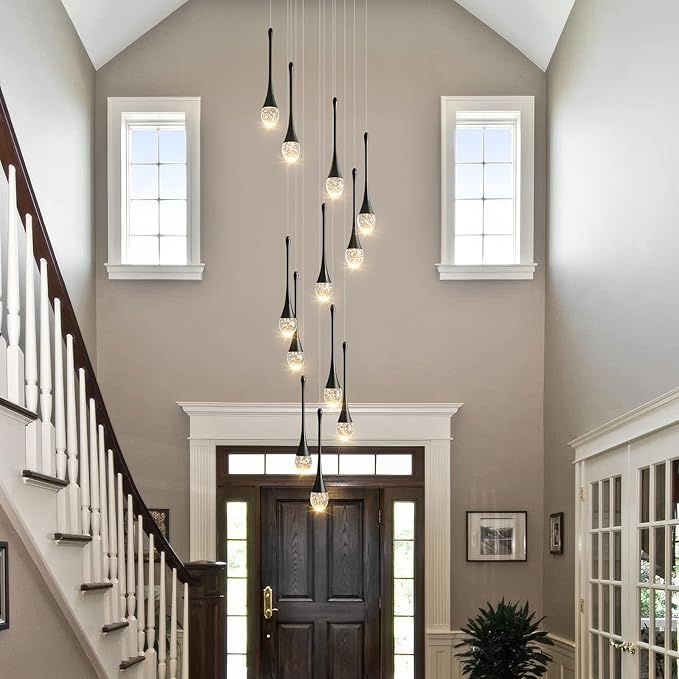 Raindrop Crystal Chandelier High Ceiling: 12 Lights Dimmable LED With Remote - Large Long Modern Bubble Hanging Pendant Light Fixture Spiral Chandeliers for Living Room Staircase Entryway Foyer Black