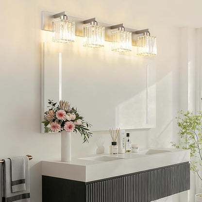 Aipsun Brushed Nickel Bathroom Lighting Fixtures 4 Light Crystal Modern Bathroom Vanity Light (Exclude Bulb)