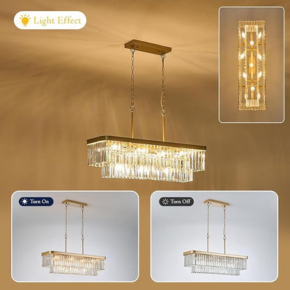 Rectangular Crystal Chandeliers K9 Luxury Gold Chandelier L33.5” Rectangle Linear Pendant Light Fixtures 11 Lights Contemporary for Kitchen Island Dining Room Living Room Bar