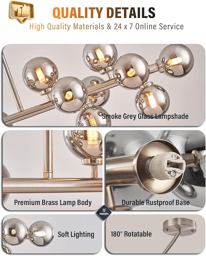 Glass Globe Sputnik Chandelier, 16-Light Mid Century Modern Light Fixture Over Table, Linear Chandeliers for Dining Room, Kitchen Island, Nickel and Smoke Grey Bubble, 40 Inch, GC-02