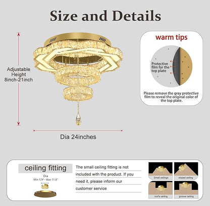 Flashing God Modern Crystal Chandeliers Dia 24" Gold Ceiling Chandelier Flush Mount Crystal Ceiling Light for Bedroom Living Room Dining Room Hallway LED Dimmable