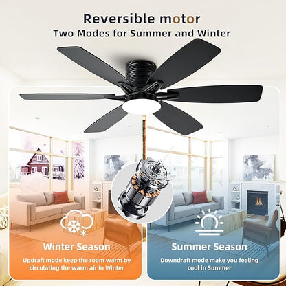 52inch Black Ceiling Fans with Lights and Remote/App Control, Low Profile Ceiling Fan with Light and 6 Double-Side blades, Flush Mount, LED/RGB Dimmable DC Reversible Modern Ceiling Fan for Bedroom