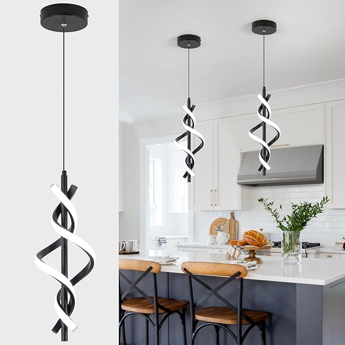 Modern LED Pendant Light Fixtures 6000K Pendant Lights Black Hanging Lamp for Dining Room Bedroom Living Room (1 Pack)