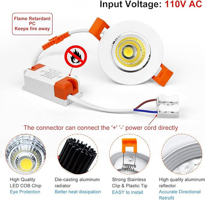 inShareplus 2 Inch LED Downlight, 3W Recessed Lighting COB Dimmable, 5000K Daylight White, CRI80, Ceiling Lights with LED Driver, 12 Pack