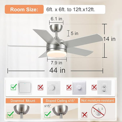 YUHAO 44 Inch Brushed Nickel Ceiling Fan with Light and Remote Control.Noiseless,Dimmable,3CCT,6 Speeds Reversible, DC Ceiling Fans for Indoor or Covered Outdoor Use.ETL Listed