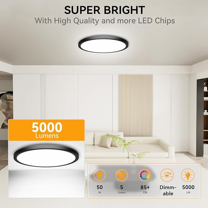 WKONCLDY 5CCT 3000k//3500k/4500k//5000k/6000k Selectable, Dimmable Led Flush Mount Ceiling Light, 20 Inch 5000LM Round Modern Flat Panel,Super Slim for Living Dining Kitchen Bedroom Room
