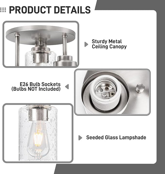 hykolity 3-Light Semi Flush Mount Ceiling Light, 9 Inch Brush Nickel Close to Ceiling Light Fixtures with Seeded Glass Shades, Modern Ceiling Lighting for Kitchen, Bedroom, Entryway, ETL Listed
