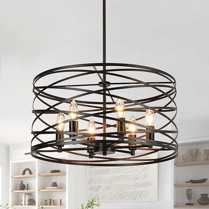 WILON 6-Light Pendant Lights Kitchen Island,19.68'' Spiral Cage Pendant Lights,Adjustable Black Industrial Pendant Light Fixtures Retro Lighting for Kitchen Island, Living Room, Bedroom