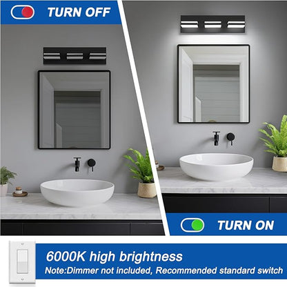 IZORRO LED Modern Bathroom Lights Fixtures(3-Light,Dimmable,360°Rotate),Matte Black Acrylic Wall Lighting,Vanity Lights for Bathroom Over Mirror - 6000k 16In （No Assembly Required）