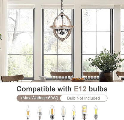 Farmhouse Chandelier, 14" Industrial Rustic Globe Sphere Orb Chandelier Wood Grain, 3-Light for Dining Room Entryway Kitchen Island Foyer