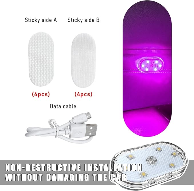 KVAEY 4 PCS Car LED Lights Interior Wireless, 7 Colors Magnetic Auto Ambient Light with 6 Bright LED Lamp Beads, Portable USB Rechargeable Vehicle Interior Led Night Light (Pink, Sticky, 4pcs)
