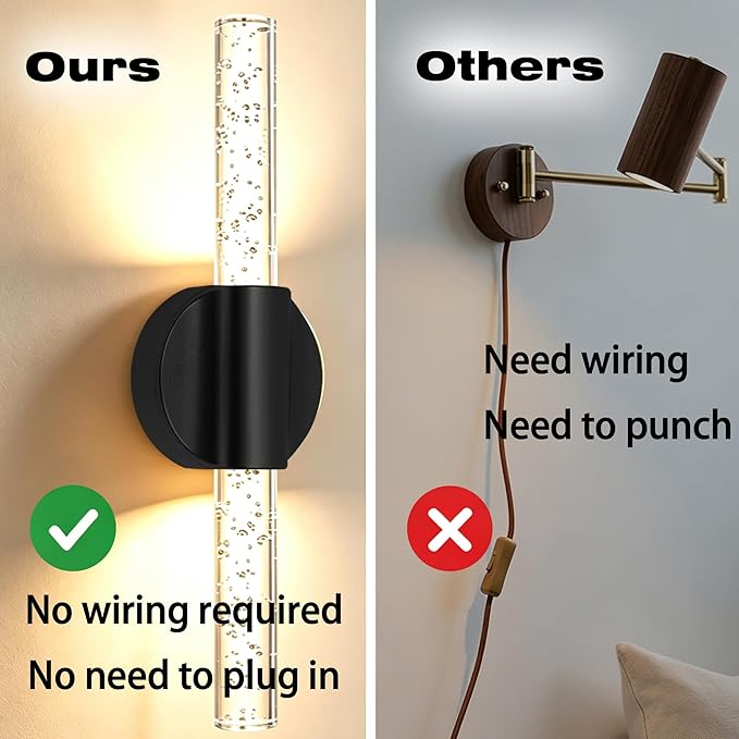 Battery Operated Wall Sconce Set of 2, Black Rechargeable Wall Light with Remote Control, 3000K-6500K Dimmable Wireless Wall Lamp for Bedroom Living Room Bathroom Hallway