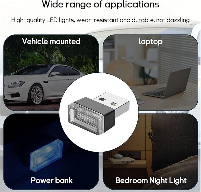 Dickno 4 PCS USB LED Car Interior Atmosphere Lamp, Portable Mini LED Night Light, Plug-in USB Interface Trunk Ambient Lighting Kit, Universal Vehicle Interior Accessories (Blue)