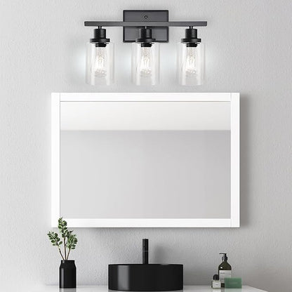 Ascher Bathroom Vanity Light Fixtures, 3 Light Wall Sconces Lighting with Clear Glass Shade, Black Wall Lights for Mirror, Kitchen, Living Room, Gallery, Hallway, E26 Base (Bulbs Not Included)