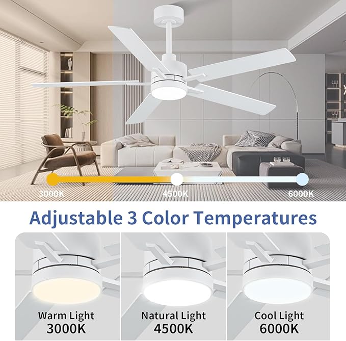 LANMEL 52'' White Ceiling Fans with Lights and Remote, 6 Speed Low Profile Modern Ceiling Fan with Quiet DC Motor for Indoor Outdoor Bedroom Living Room