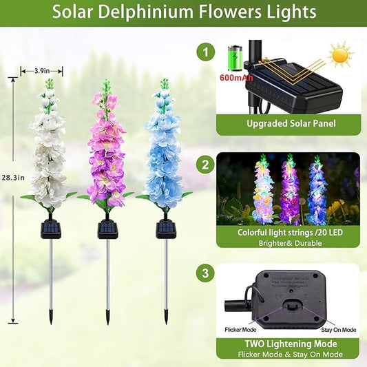 MRHEPHAESTUS Solar Garden Lights, 6 Pack 20 LEDs Solar Delphinium Flowers Lights Gifts for Mom Grandma Women, Waterproof Solar Outdoor Lights Two Lighting Modes for Wedding Garden Yard Patio Decor