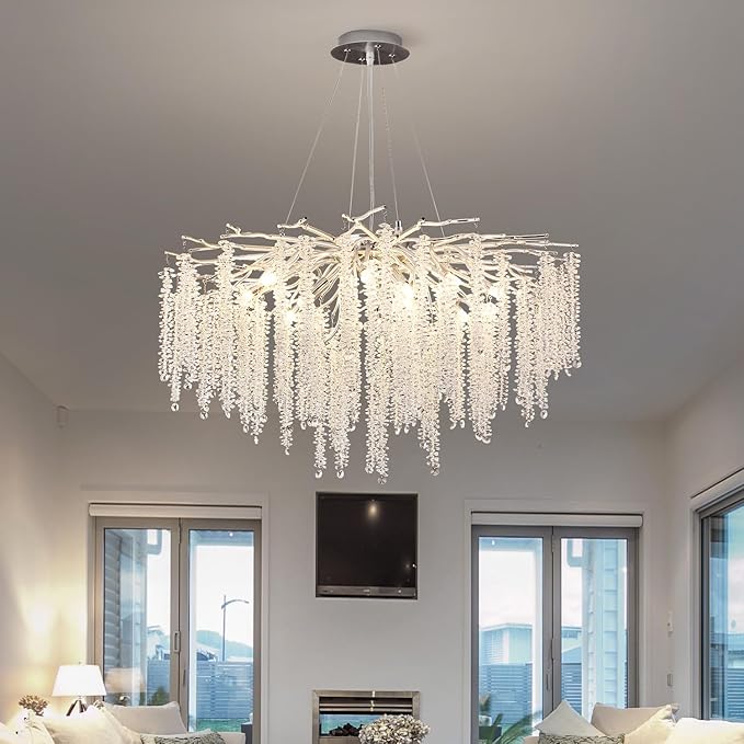 Crystal Tree Branches Chandeliers Luxury Round Raindrop Pendant Light Fixture Ceiling Hanging Light for Dining Room Bedroom Living Room Entryway D31.5“ Silver