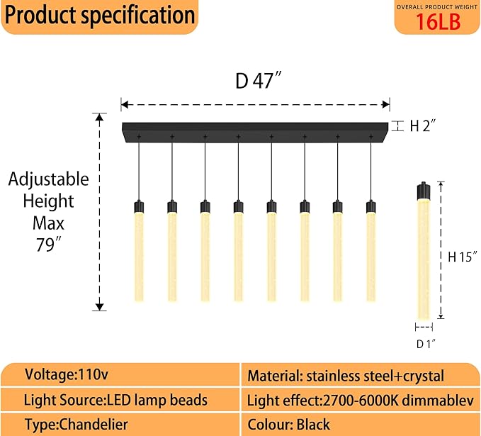 Modern Rectangular Crystal Chandelier LED Dimmable Crystal Column Chandelier Living Room Crystals Pendant Light for Dining Room Adjustable Height 8-Light Black