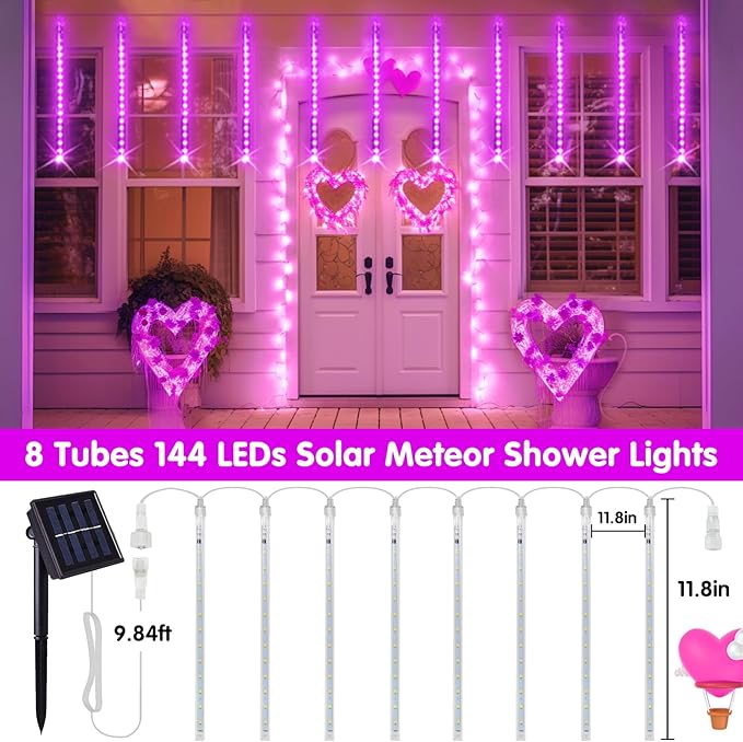JMEXSUSS Pink Valentine Lights Outdoor, 8 Tube 144 LEDs Solar Meteor Shower Lights Outdoor, Solar Christmas Lights for Tree Eave Holiday Party Patio House Wedding Valentine's Day Decor