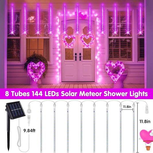 JMEXSUSS Pink Valentine Lights Outdoor, 8 Tube 144 LEDs Solar Meteor Shower Lights Outdoor, Solar Christmas Lights for Tree Eave Holiday Party Patio House Wedding Valentine's Day Decor