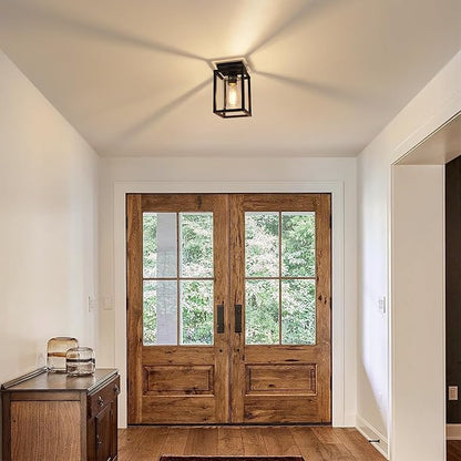 Baocuz Semi Flush Mount Ceiling Light Fixture, Black Metal Frame Porch Ceiling Light Fixture with Clear Glass Shade and E26 Ceramic Base, Farmhouse Light Fixtures for Kitchen Entryway Foyer