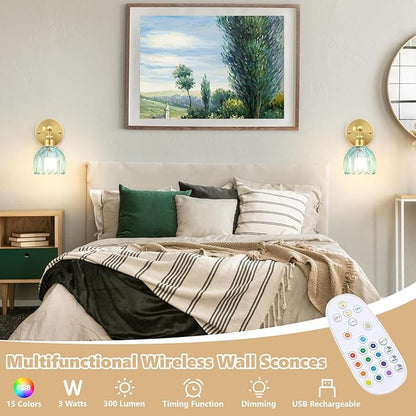 Vintage Battery Operated Wall Sconce, Sky Blue Tulip Glass Lampshade Wireless Rechargeable Battery Powered LED Wall Light with Remote Dimmable for Bedside Bedroom Doorway Living Room, Set of 2