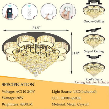31.4" Black Modern Crystal Chandeliers for Dining Room LED Dimmable Light Fixtures Flush Mount Light Living Room Bedrooms