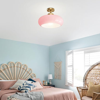 Pink Glass Ceiling Light Fixture, Blush Retro Flush Mount for Girls Room Nursery, Bedroom, 15.74 Inch Vintage Ceiling Light with Gold Metal Base, E26 Socket (Bulb Not Included)