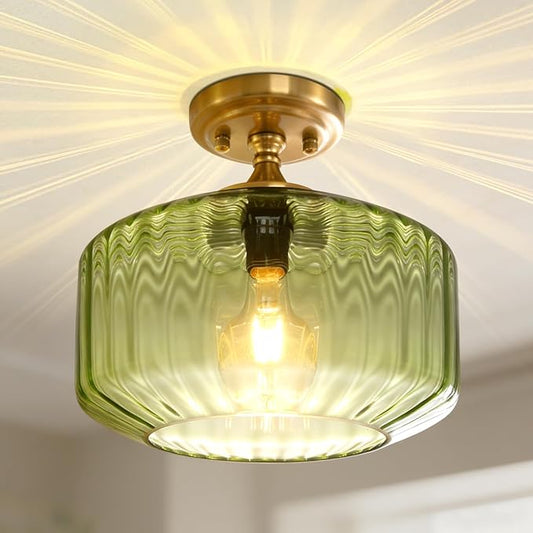 Mid-Century Modern Gold Flush Mount Ceiling Light Fixtures, Green Close-to-Ceiling Gold Chandelier for Entryway, Hallway, Porch, Corridor, Bedroom