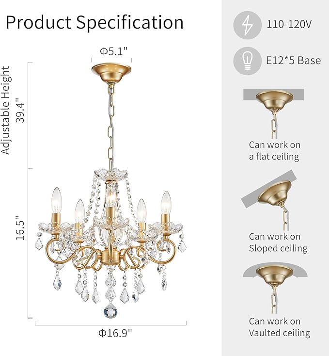 Mini Crystal Chandelier, Golden Crystal Lighting,5-Light Modern Chandelier for Living Room Kitchen Island Entryway Bedroom