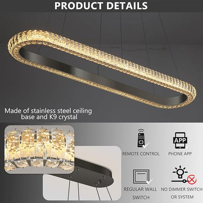 47'' Oval Ring Crystal Chandelier Modern LED Dimmable Ring Pendant Light Chandelier for Dining Room Living Room Black