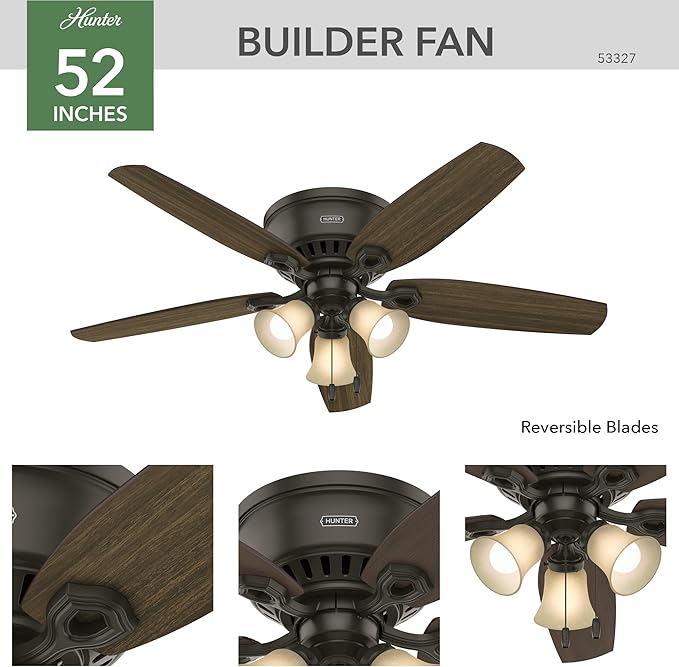 Hunter 52 inch Indoor Ceiling Fan with LED Lights - Bronze Ceiling Fan with Pull Chain, For Bedroom, Living Room, or Kitchen, Low Profile Flush Mount, No Remote, 5 Blades - Builder 53327, New Bronze