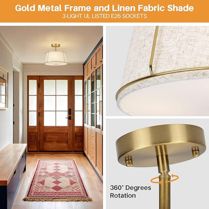 13'' Semi Flush Mount Ceiling Light Fixture,3-Light Gold Light Fixtures Ceiling Mount with Linen Drum Fabric Shade,Modern Close to Ceiling Lamp for Bedroom Dining Room Kitchen Hallway (Adjustable)