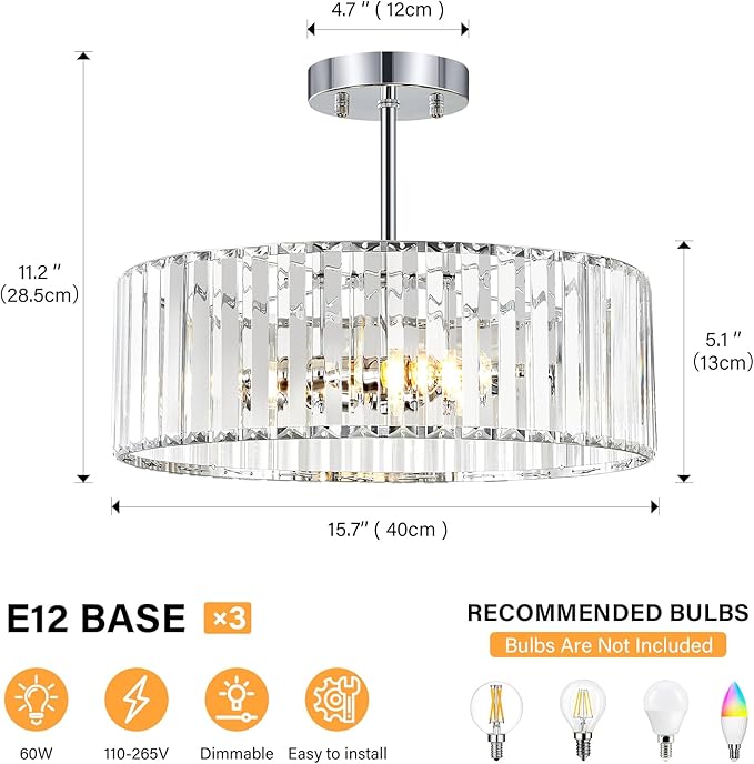 YURNYQ Chrome Crystal Ceiling Light Fixture, Modern Semi Flush Chandelier, Round Hanging Lighting Chandeliers for Dining Room, Kitchen, Bedroom, 3-Light, 15.74 Inch