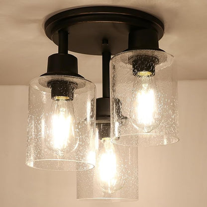 Semi Flush Mount Ceiling Light, 3-Light Close to Ceiling Light Fixtures, Vintage Oil-Rubbed Bronze Finish with Clear Seeded Glass Shade Chandelier Lighting for Stairs Porch Hallway Entryway Kitchen