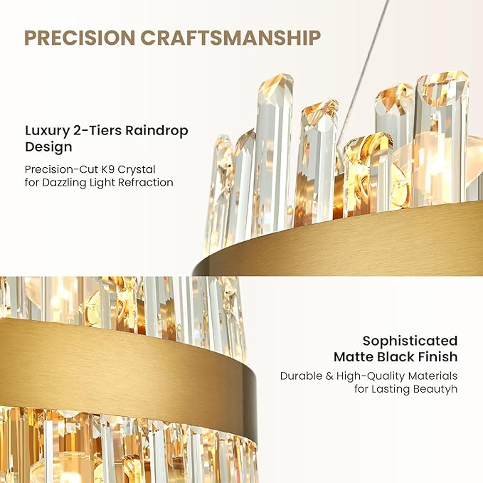 16-Light Modern Crystal Chandelier, Large Gold Round 2-Tiers K9 Crystal Chandelier, Luxury Flush Mount Crystal Pendant Ceiling Light for Dining Living Room Entryway Foyer D31.5''