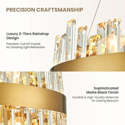 16-Light Modern Crystal Chandelier, Large Gold Round 2-Tiers K9 Crystal Chandelier, Luxury Flush Mount Crystal Pendant Ceiling Light for Dining Living Room Entryway Foyer D31.5''