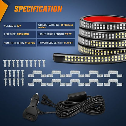 Nilight 2PCS 70 Inch Emergency Strobe Light Strip 1125 LED Running Board Lights Blue White Flexible Side Flashing Warning Caution Safety Waterproof for Truck Construction Vehicles Pickup