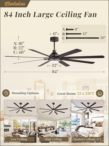 Fanbulous 84 Inch Ceiling Fans with Lights and Remote, Oil Bronze Ceiling Fan with 8 Dual-Color Blades, Indoor/Outdoor Large Ceiling Fans, Reversible DC Motor, 6-Speed, 3CCT for Living Porch Patio
