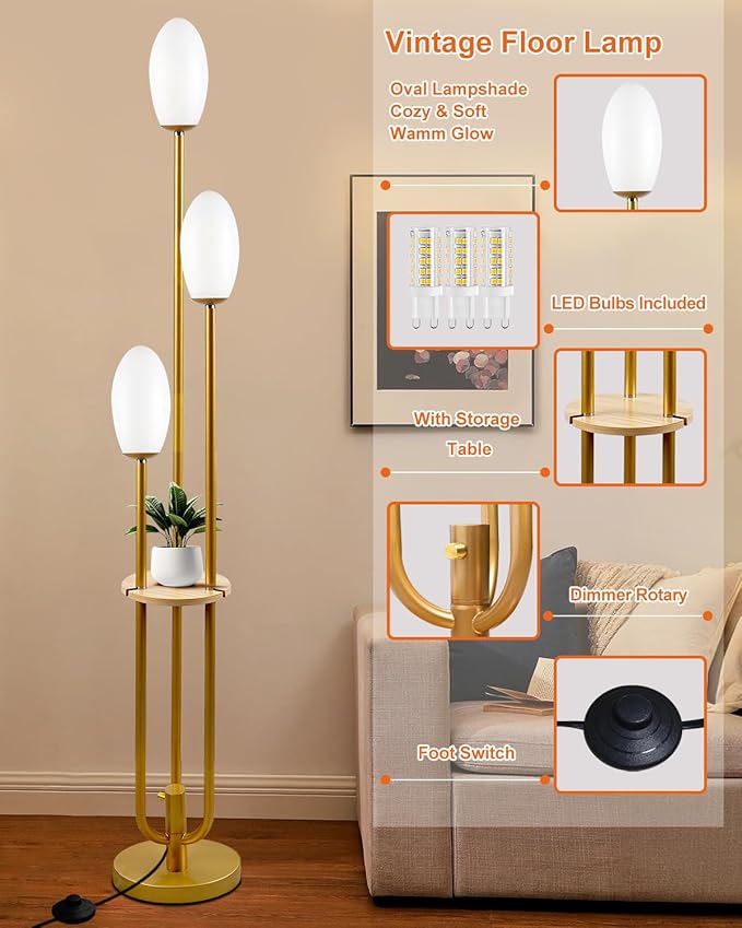 Gold Dimmable Floor Lamp with Table, UniqueTall Standing Lamps with 3000K G9 Bulbs for Reading, Mid Century Modern Floor Lamp with 5Lbs Heavy Base for Living Room Bedroom Office