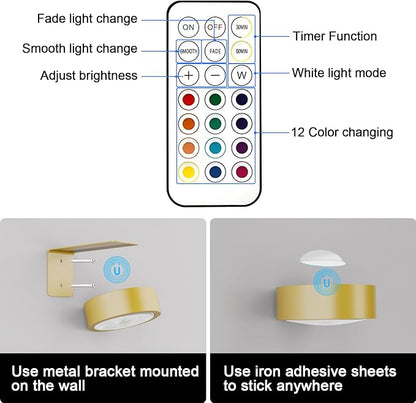 3 Pack Picture Lights for Wall, 13 RGB Color Rechargeable Battery Operated wall lights, Picture Frame lights with 3 Lighting Modes, Wireless Magnetic Painting Light with Remote Control Timer (Golden)