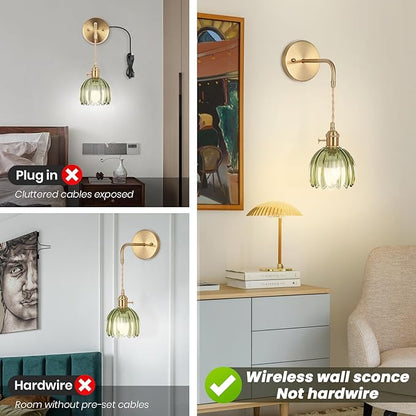 Vintage Wall Sconce, Battery Operated Wall Sconce with Deep Green Tulip Glass Lampshade, Indoor not Hardwired Wall Sconces with Remote, Rechargeable Vintage Wall Lamp, for Bedroom Living Room
