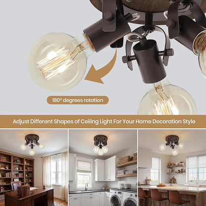 3-Light Rustic Track Lighting, Adjustable Flush Mount Ceiling Light with Espresso Wood Base, Dark Bronze Ceiling Track Light for Kitchen Island, Dining Room, Hallway, Entryway