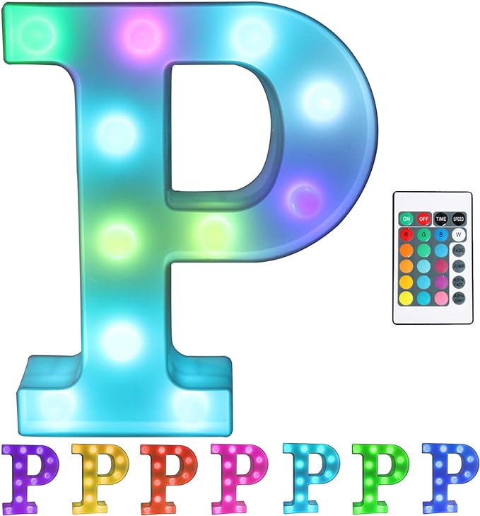 Pooqla Colorful LED Marquee Letter Lights with Remote – Light Up Marquee Signs – Party Bar Letters with Lights Decorations for The Home - Multicolor P
